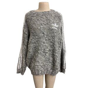 Adidas Womens Grey Knit Sweater With Logo & Striped Sleeves Size M/L